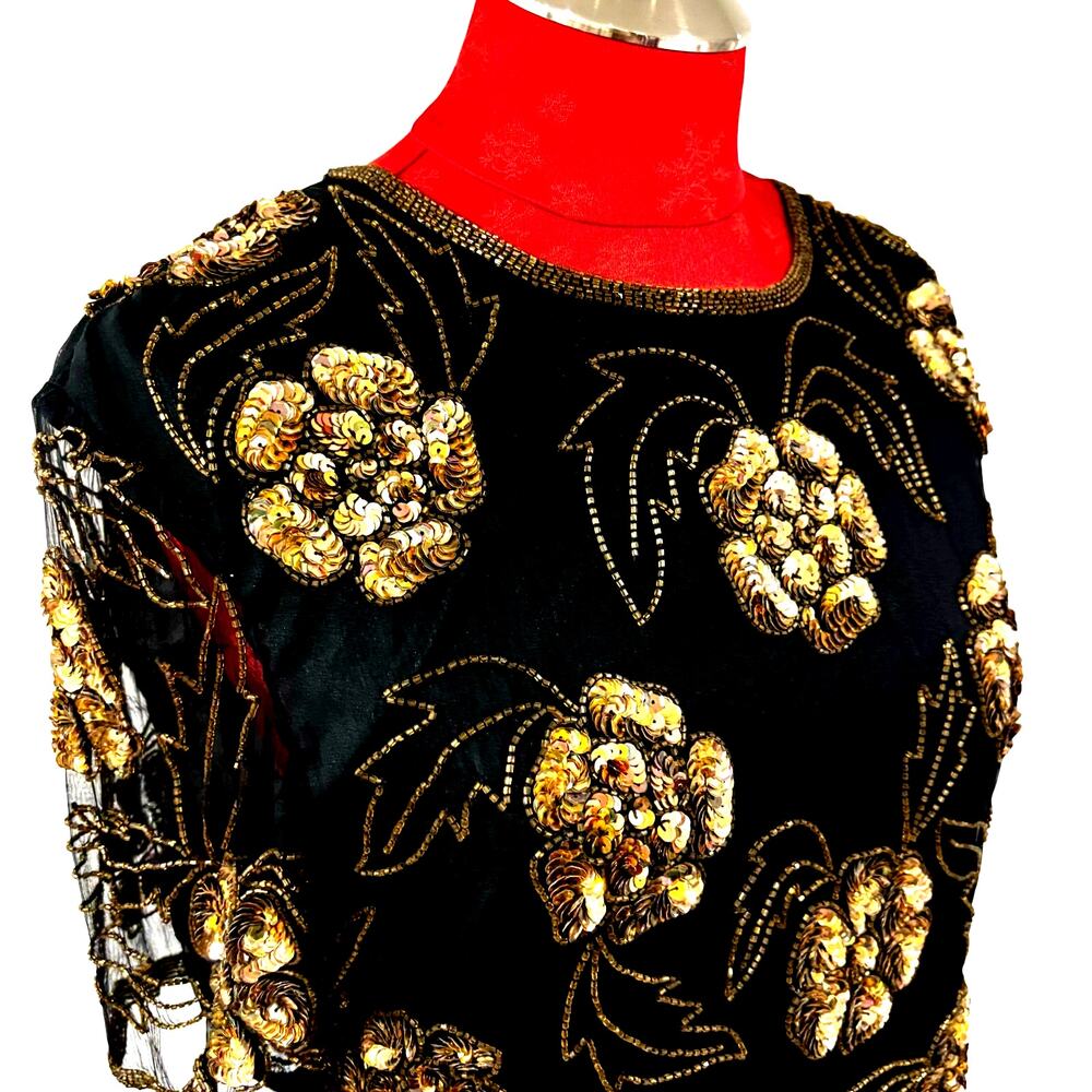 Vintage Stenay black satin blouse with gold beads and sequins dressy top OS